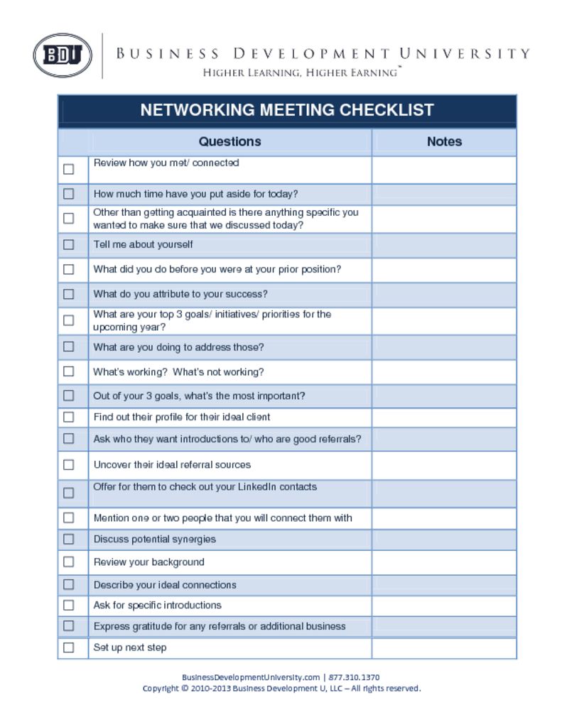 BDU Networking Meeting Checklist (1) BUSINESS DEVELOPMENT UNIVERSITY